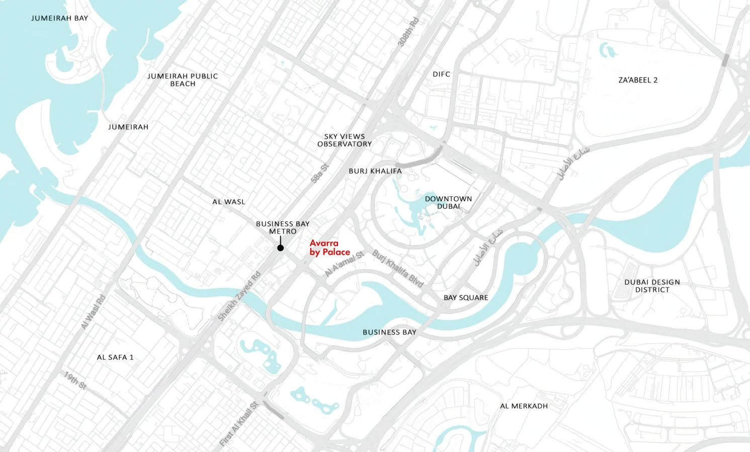 Map positioning Lunaya near Sheikh Zayed Road and major destinations in the Jebel Ali growth corridor